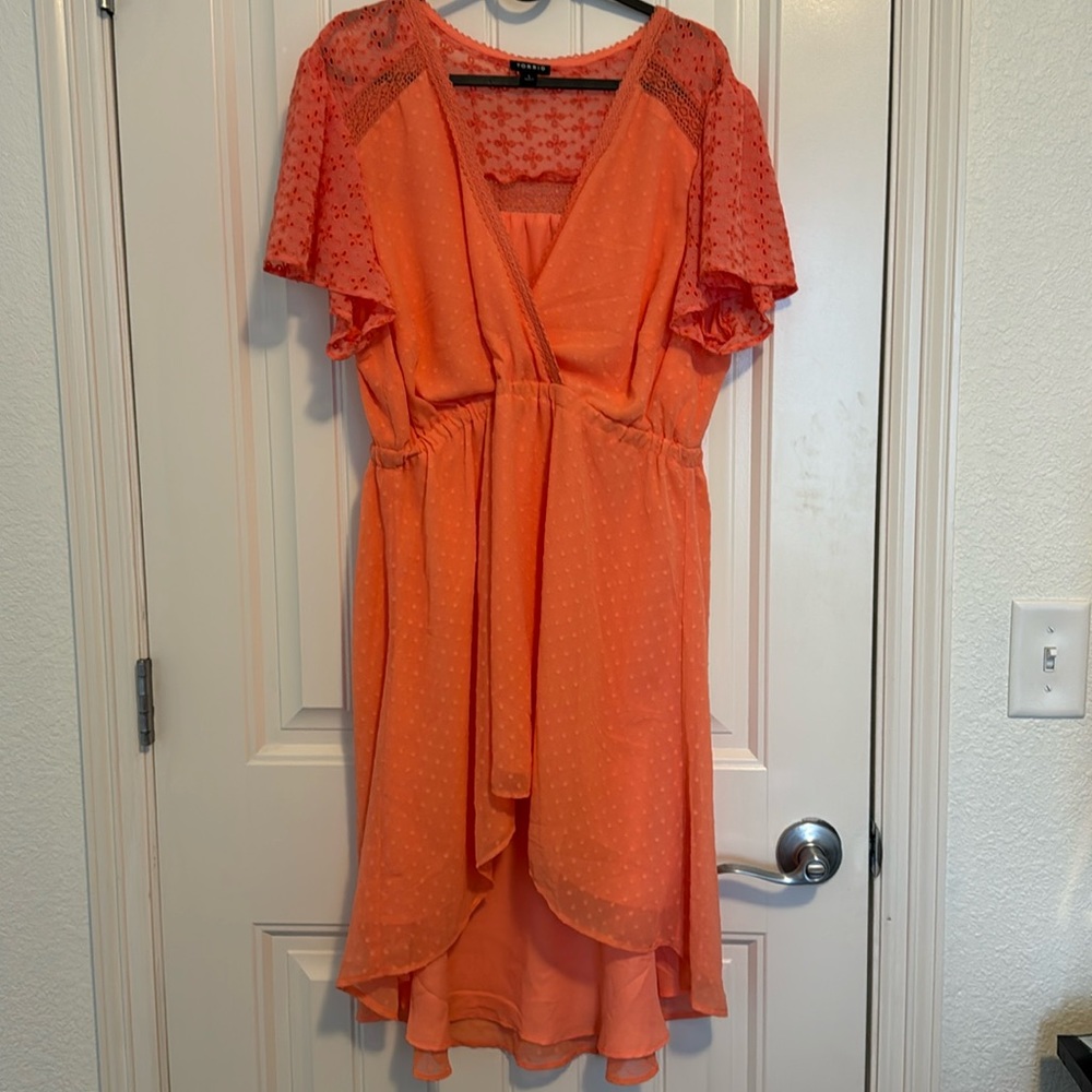 Torrid coral eyelet lace spring flowy dress polka dot